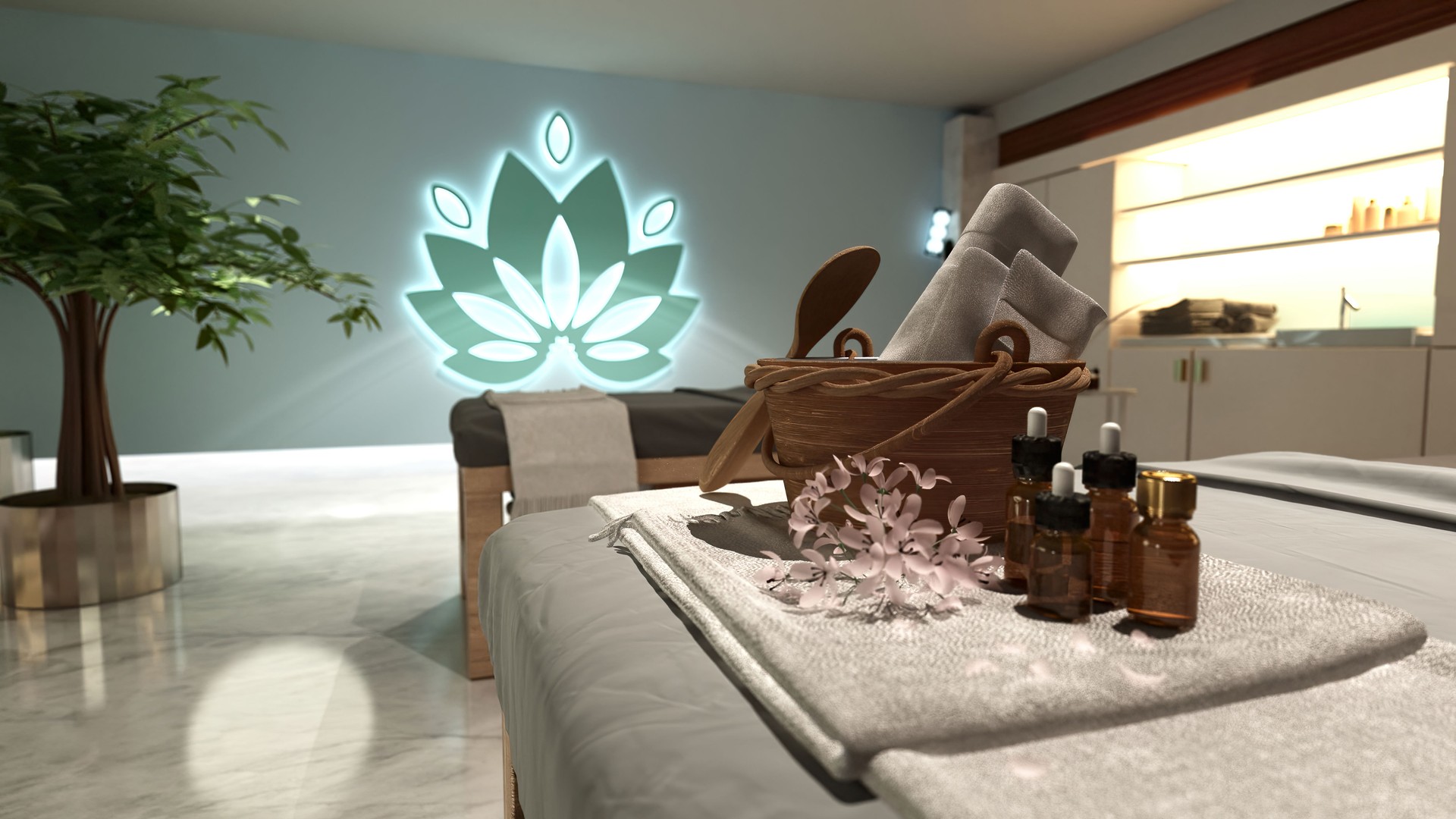 Relaxing Spa Interior Design With Wooden Massage Tables and Lotus Decor